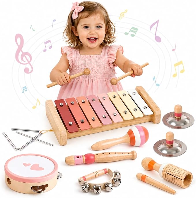Vanplay Musical Toys for 2 Year Old Girls Birthday Gifts, Montessori Toys for 2 3 Year Old, 8 in 1 Wooden Musical Instruments with Xylophone/ Tambourine/Maracas for Toddler 2-4