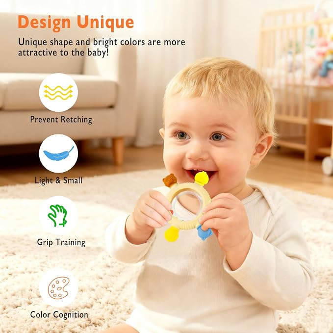 Baby Teething Toys for 0-6 6-12 Months, Silicone Baby Teether, Freezer Safe Sensory Teething Toy, Easy Grip Infant Chew Toy for Sore Gum Relief, BPA-Free