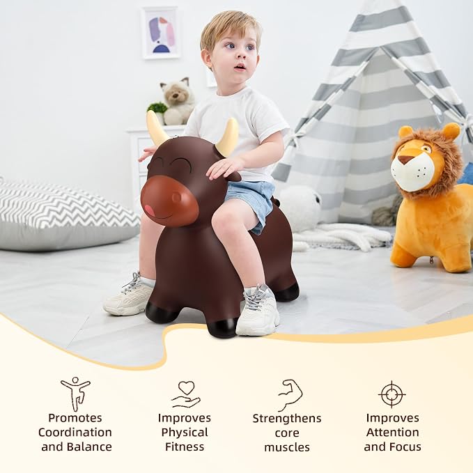 Bouncy Animal Hopping Toys, Inflatable Horse Animal Hopper Ride-On, Inflatable Bull Riding Toys for Boys Girls, Birthday Gift for 18 Months 2 3 4 5 6 Years Old Toddler