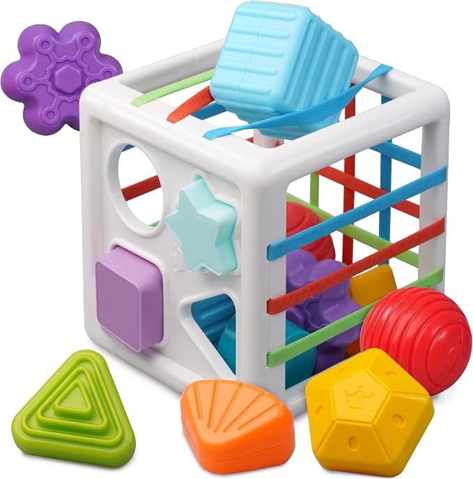 LiKee Montessori Toys for 1 Year Old Multi Sensory Shapes, Toddler Developmental Learning Birthday Gifts, Baby Toys 12+ Months (Shape Sorter Cube)