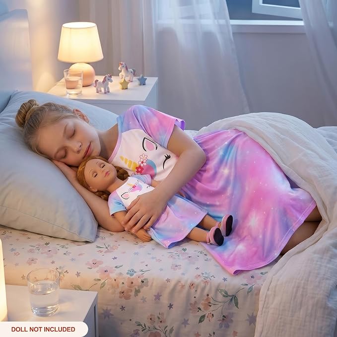 Play Tailor Doll and Girl Matching Nightgown Unicorn Outfit Pajamas Night Dress for Girls and 18" Dolls Clothes