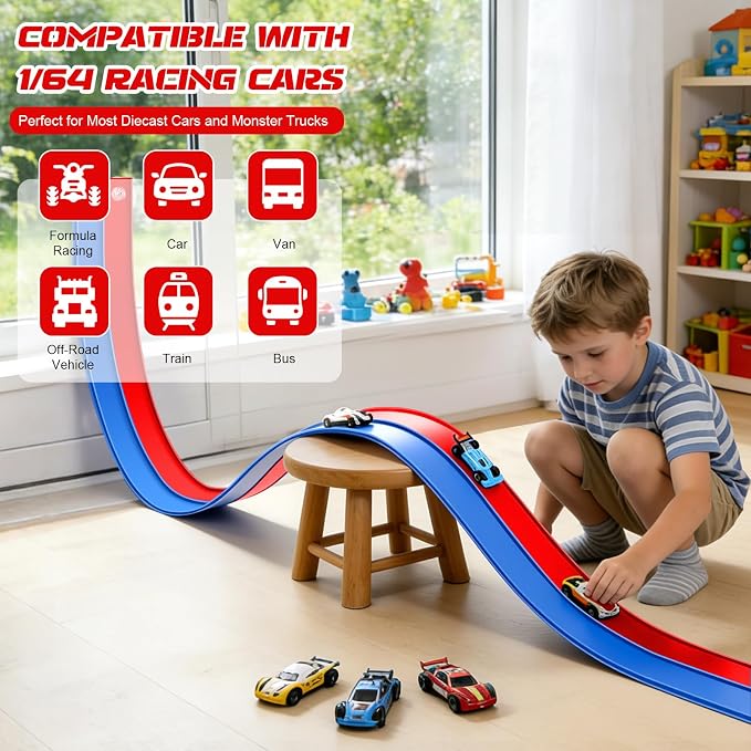 Flexible Race Track Toys for Kids, 15 Ft Flex Tracks Starter Set with Strong Suction Cups - Compatible with Hot Wheels and Diecast 1/64th Cars, Rolls up Portable Race Car Ramp Track (Blue Red)