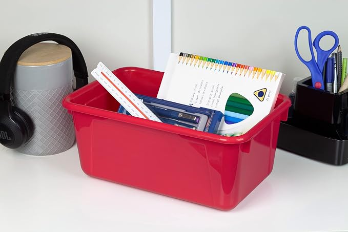 Storex Small Cubby Bins – Plastic Storage Containers for Classroom, 12.2 x 7.8 x 5.1 inches, Class Red, 5-Pack (62415A05C)