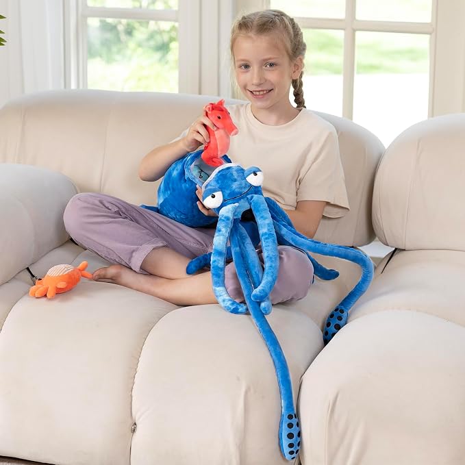 5Pcs Giant Squid Stuffed Animal 41.3" with Small Marine Clownfish,Crab, Seahorse, Angler Fish Baby Plush Toys, Adorable Bulk Ocean Animal Plushies Gifts for Squid Toys Lover,Kids,Boys,Girls