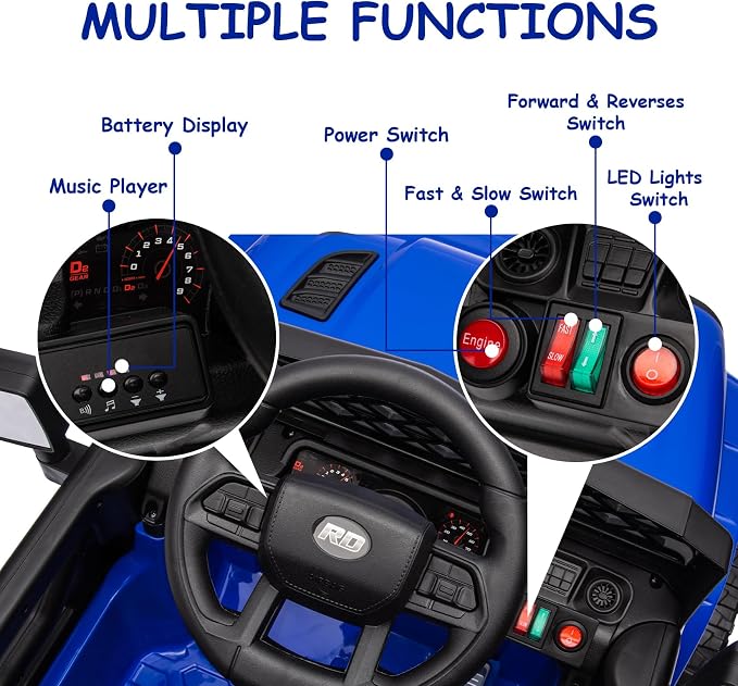 GarveeLife 12V Kids Ride On Truck Electric Vehicle Battery Powered Car Toddles Ride On Toy for Boys Girls with Remote Control, 4-Wheel Suspension, Battery Display, Led Lights, Music, Navy Blue