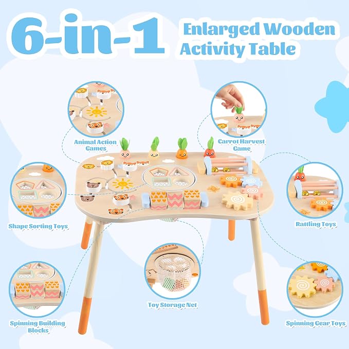 Wooden Activity Table, 6-in-1 Montessori Activity Table for Toddlers, Activity Center for Babies Aged 1–3, Sensory Toys, for Boys and Girls 1+ Years Old