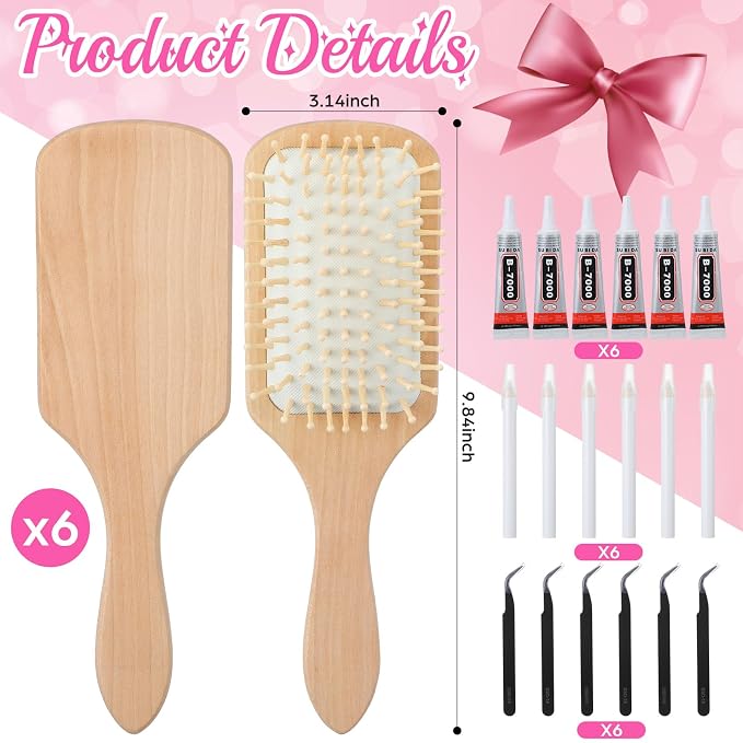 6 Sets DIY Wooden Hairbrush Craft Kit 10" White Hair brush Make Your Own Girls Night Party Supplies with Pearl Shell for DIY Gift Wedding Birthday Valentines Party Crafts (Square)