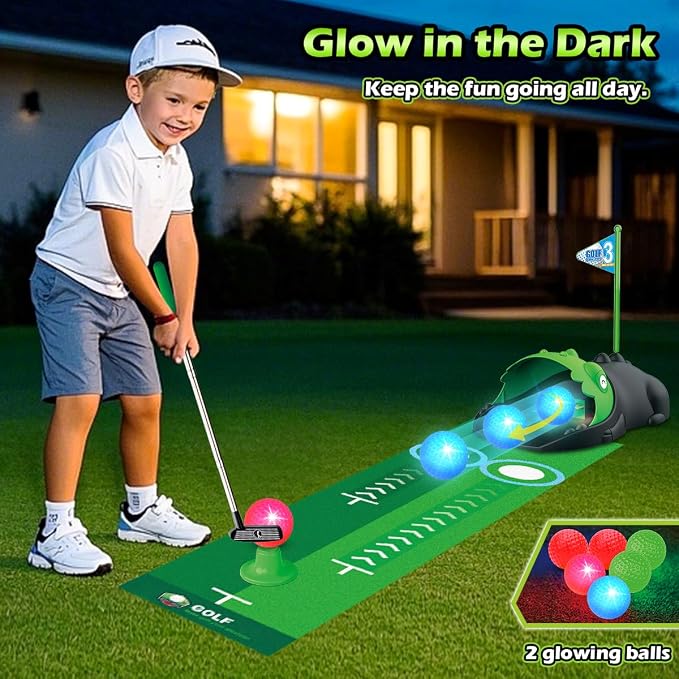 Clemas Upgraded Kids Toy Golf Set with Dinosaur Automatic Golf Returner, Led Light Up Night Golf Balls, 3 Clubs, Putting Mat, 3-8 Toddler Mini Golf Games, Indoor Outdoor Sports Toys for Boys Girls 3+