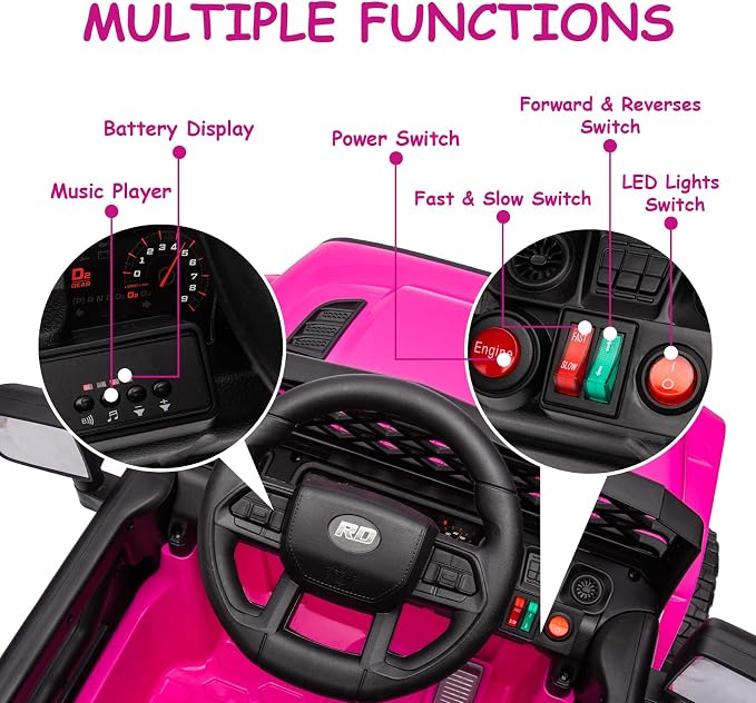 GarveeLife 12V Kids Ride On Truck Electric Vehicle Battery Powered Car Toddlers Ride On Toy for Boys Girls with Remote Control, 4-Wheel Suspension, Battery Display, LED Lights, Music, Rose Red