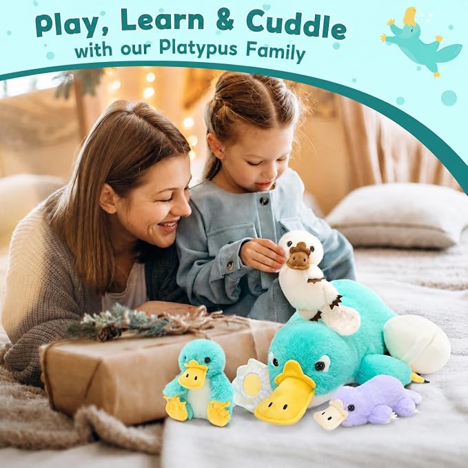 Tezituor Platypus Stuffed Animal Set,Mother Platypus Plush with 3 Colorful Baby Platypuses,Soft Blue Animal Family Plush Toy with Egg,Cute Easter Christmas Birthday Gift for Kids Boys Girls Girlfriend