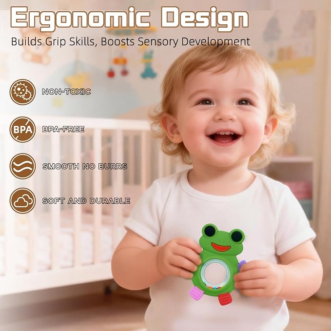 Baby Teething Rings Toys,Over Sized of A Frog Infant Toys Relief Teethers for Babies 3-6-12-18 Months,Sensory Toys Rattle Teether Silicone Teether Relief Chew Soothing,BPA Free