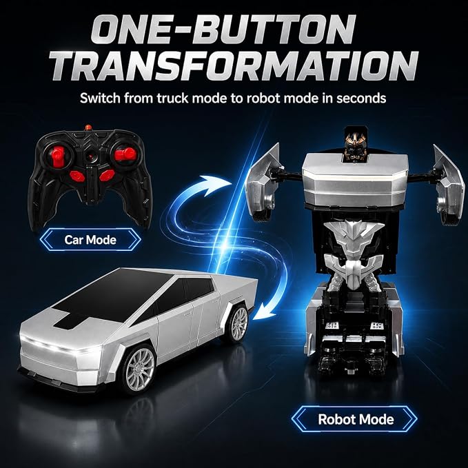 Transformer RC Car, 2-in-1 Transforming Robot Car Toy, 2.4GHz Remote Control Cyber RC Truck, 360° Rotating Drift Stunt Car, Rechargeable Toy Gift for Boys Ages 4-12