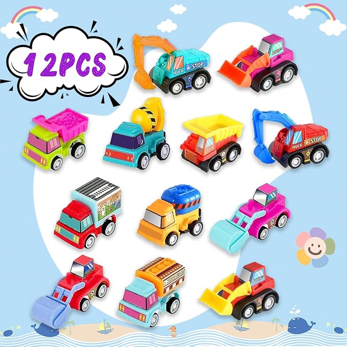 Car Toys for Ages 3-5 Kids, 12pcs Pull Back Cars Truck Vehicles Set for Boys Girls, Mini Assorted Construction Vehicle Toy Party Favors, Potty Training Reward for Kids