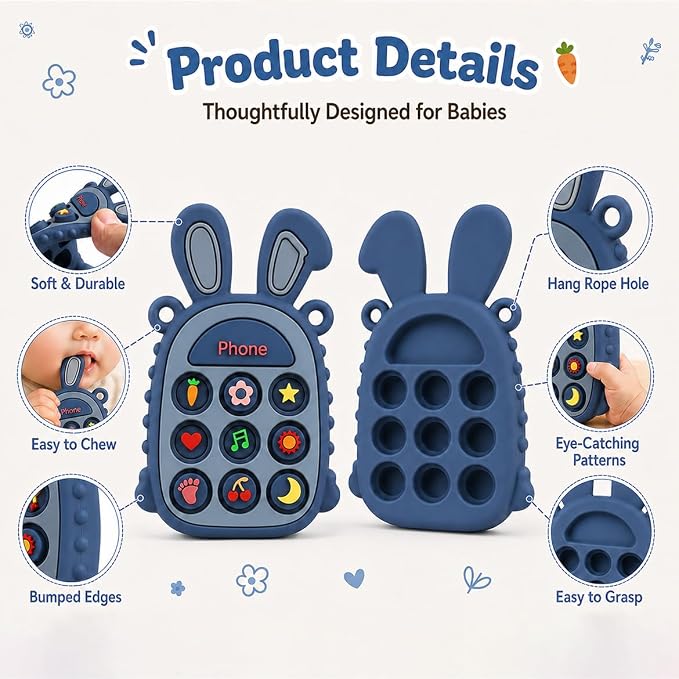 Press Phone Teether for Baby Girls, Soft Silicone Teething Toy, Sensory Toy | Teething Relief, BPA-free, Freezer, for Baby 3 Months+, Cute Rabbit Design with Textures and 9 Patterns, Press & Pop for Fun!