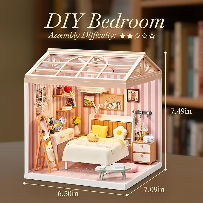 DIY Miniature Bedroom Kit – 82Pcs Cozy Dollhouse Room with LED Light & Blister Packaging, Connectable Model for Kids 8+ & Teens