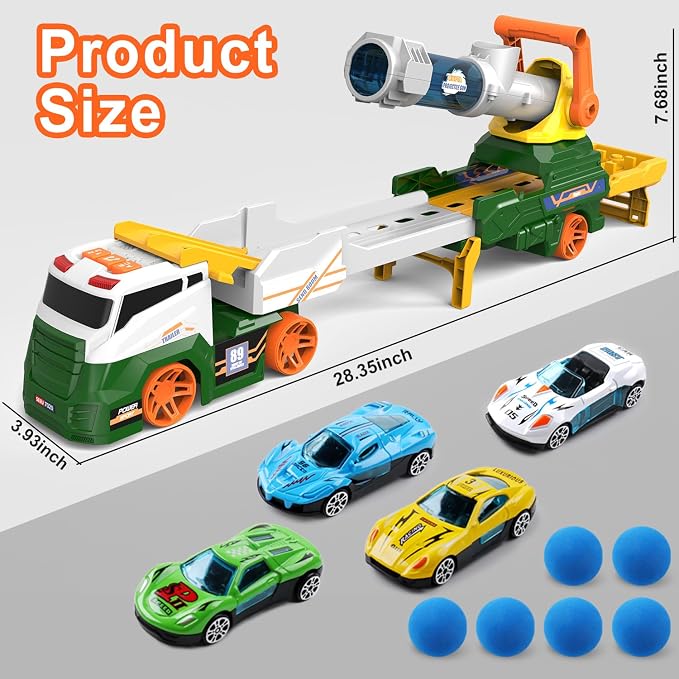 Dwi Dowellin Trucks Toys for Kids, 28" Large Car Toys Include 4 Racing Cars+6 Ball, with Light & Sounds, Eejection&Shooting Transport Cars Toy Truck, Birthday Gifts for Boys Girls-Green
