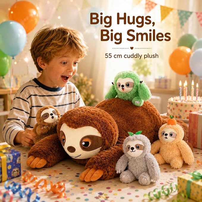 Tezituor Sloth Stuffed Animal Set, 23.6 Inch Giant Mommy Sloth Plush with 4 Baby Sloths, Large Soft Sloth Toy for Kids Adults,Sloth Plushies,Christmas Birthday Valentine’s Day