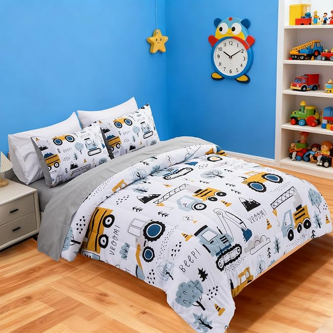 Holawakaka Trucks Tractors Cars Boys 5-Piece Bedding Comforter Sheet Set,Twin Size Cartoon Construction Car Excavator Print Kids Bed in A Bag, Excavator Mixer Truck Printed Bed Sets (White Twin)