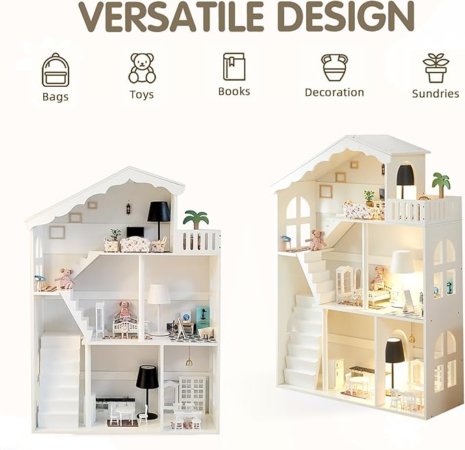 Wooden Dollhouse Bookshelf - Toddler Doll House Bookcase, Extra Space Kids Toy Storage Book Shelf, 3-Tier Children Dollhouse, Pretend Play Toy House (Traditional Angled Roof)