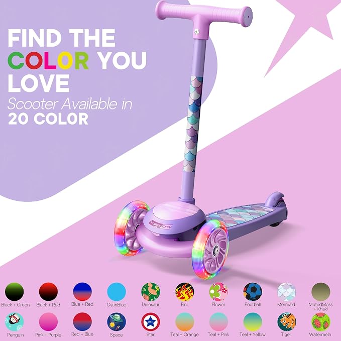3 Wheel Scooter for Kids, Smooth Light Up LED Front Wheels, Wide Anti Slip Deck, Rear Foot Brake, Easy Lean to Steer Maneuvering, Indoor & Outdoor Ride On Toys for Ages 2 Up,