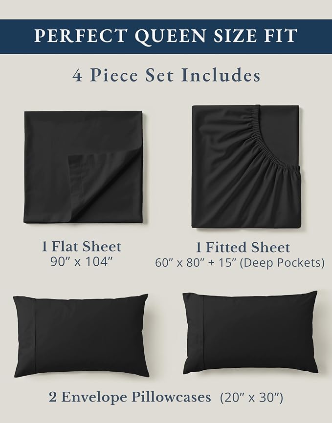 LANE LINEN Queen Sheet Set 100% Organic Cotton Cooling Soft 4pc - Black | Queen Sheets In Pure Long-Staple Organic Cotton - Honest-Price Organic Quality, Crisp, Cool & Breathable, For Hot Sleepers