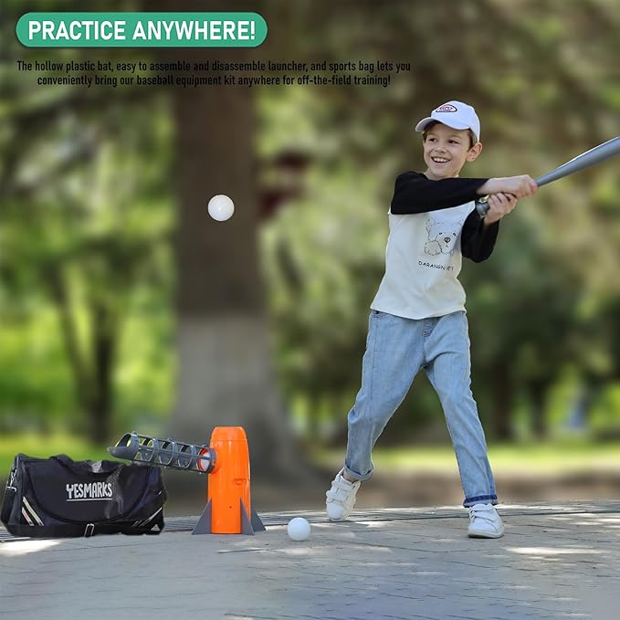 YESMARKS Kids Auto Baseball Pitching Machine Outdoor Toy Set - Training Equipment & Batting Practice Toys for Youth, Includes 10 Baseballs, Baseball Bat and Sports Bag | Includes 10 PP Baseballs, Baseball Bat, Sports Bag, Outdoor Sports Backyard Game T...