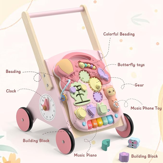 2 in 1 Wooden Baby Walker and Activity Center for Girls Boys Sit-to-Stand Learning Toy Kids Montessori Educational Push Toys with Music Detachable Busy Keyboard for Toddlers Pink