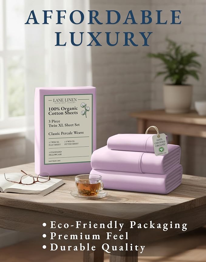 LANE LINEN Twin XL Sheet Set 100% Organic Cotton Percale 3pc - Orchid Petal | Twin XL Sheets In Pure Long-Staple Organic Cotton - Breathable For Year-Round Sleep, Best-Value Organic Cotton