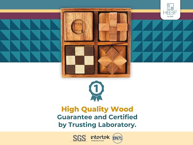 BSIRI 4 in 1 Wooden Brain Teaser Puzzles for Adults - Challenging 3D Desk Wood Puzzles Set Interlocking Hand Games for Mind Toys Suits for Rustic Patio Decor Unique Gift Office Decoration
