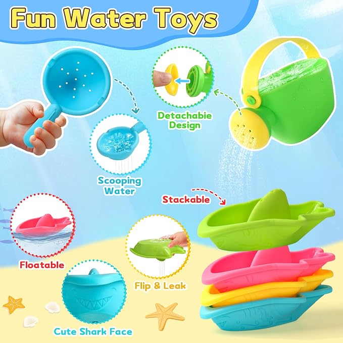Zeewoo Baby Bath Toys for Kids Ages 1-3 Toddler Bath Toys Mold Free Bathtub Toys for 12+ Months Pool Water Table Beach Sand Toys Stacking Cups Floating Boats for 1+ Years Old Girls Boys Gifts 13 PCS