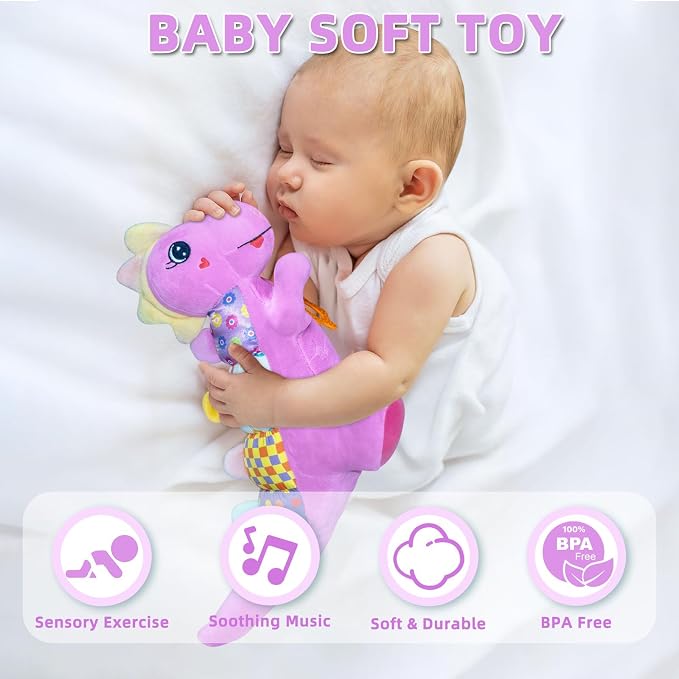 Baby Dino Musical Stuffed Animal Toys for 0-3-6-9-12 Months，Infant Dinosaur Tummy Time Toys with Crinkle Sound Paper,Teether，Textures & Rattles for Newborn Boys Girls Birthday Gifts，Purple