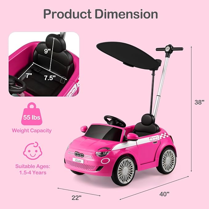 Licensed Fiat 500 Ride on Push Car by INFANS, 3 in 1 Baby Stroller Sliding Walking Car with Retractable Footrest, Parent Control Handle, Horn, Foot-to-Floor Toys for Kids Toddlers 18 Month+ (Pink)