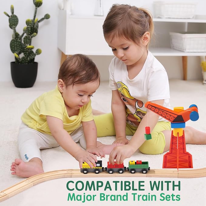 Wooden Train Track Set 62pcs, Wood Railway Systems Accessories Expansion Pack with Train + Crane, for 3-10 Years Toddlers Birthday Gift, Christmas Toys, Compatible with Major Brands (62 PCS)
