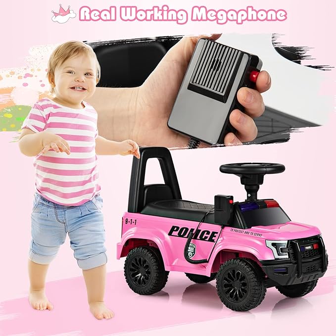 OLAKIDS Ride On Push Police Car, Toddler Foot-to-Floor Sliding Toy with Siren, Steering Wheel, Megaphone, Horn, Headlights, Under Seat Storage, Kids Racer Walking Gift for Boys Girls 1-3 (Pink)