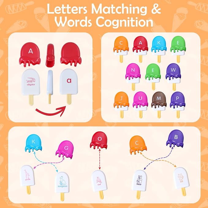 USATDD ABC Alphabet Learning Toys Alphabet Popsicles Animal Matching Toy Uppercase Lowercase Preschool Learning Activities Montessori Toys Gifts for Kids Toddlers, 52 Pcs