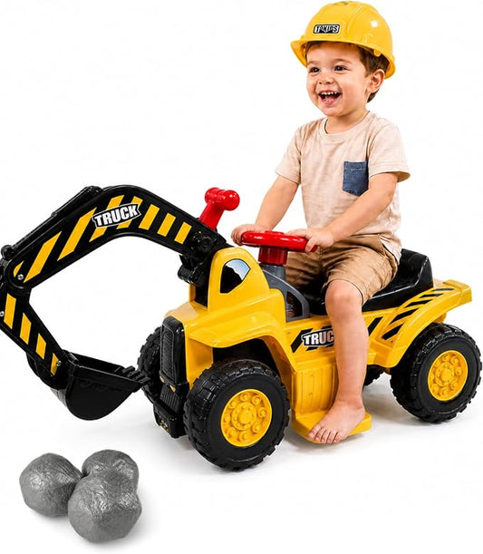 Kids Excavator Ride On Toy, 6V Electric Ride On Excavator for Ages 2+ with Rechargeable Battery, Sounds, Storage, Toy Hard Hat and 3 Rocks