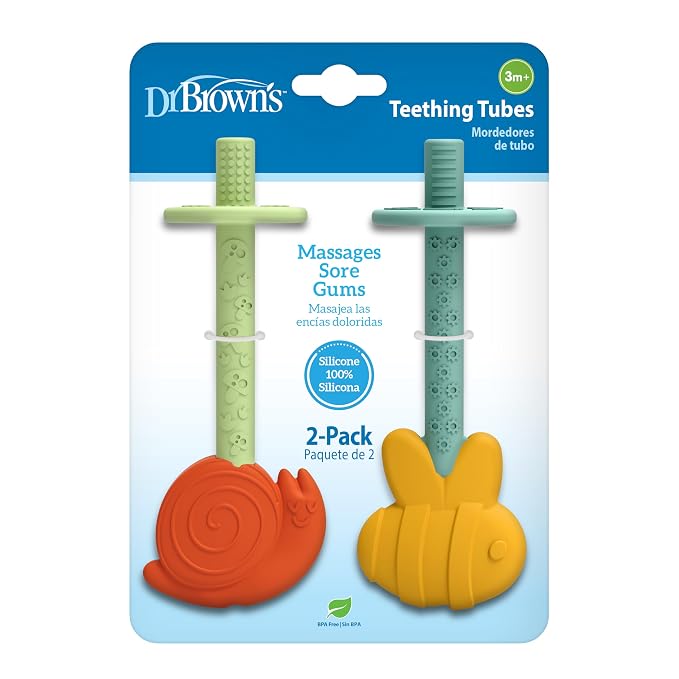 Dr. Brown's Teething Tubes for Babies, Bee and Snail, Massaging Silicone Teether Sticks, BPA Free, 3m+, 2-Pack