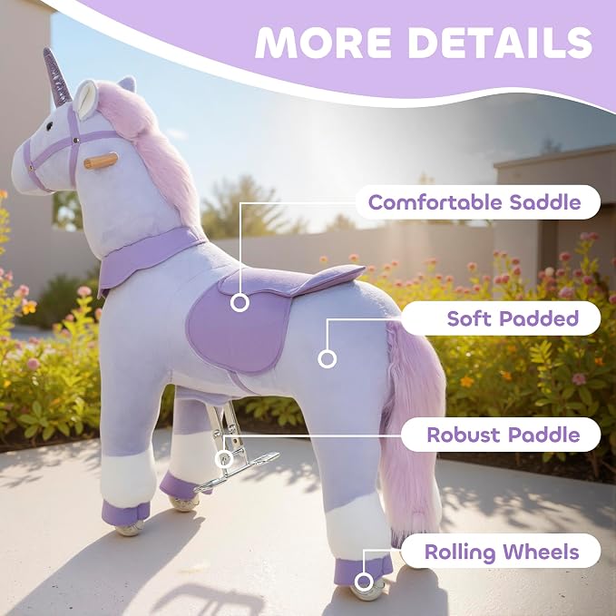Qaba Ride on Horse for Kids 4-7 Years, 37.8 Inch Height Plush Riding Unicorn, Walking Horse Animal with Rolling Wheels for Active Play, No Batteries Required, Purple