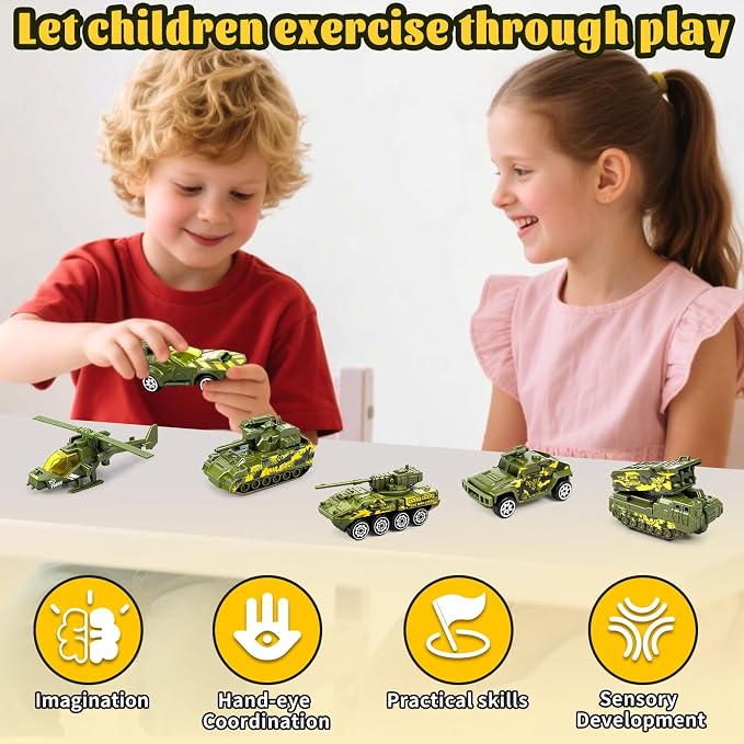 6 Pack Diecast Military Vehicles Truck Set, 1:64 Scale Army Vehicles Kids Toy Cars with Trucks, Tank, Panzer, Anti-Air Vehicle, Helicopter, Mini Toy Car for Kids 3 4 5 6 Years