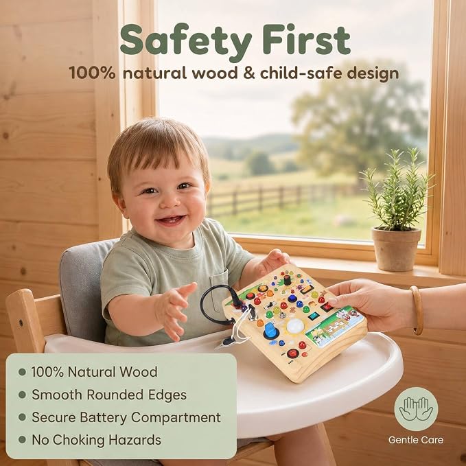 RichBoy Montessori Toy Busy Board for 1-3 Year Old Toddlers, 37-in-1 Sensory Toy with 24 LED Lights, Educational Travel Toy for Airplane Car Rides, First Birthday for Boys Girls (Farm 6.7" X 5.3")