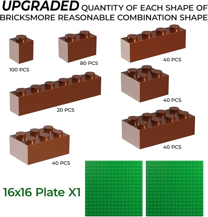 360 Piece White Classic Building Blocks Bulk, 7 Sizes Building Bricks Assortment Pack, Compatible with Lego Parts and Pieces (Brown)