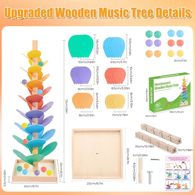 Marble Run Wood Ball Drop Toy for Kids 3-5 Toddlers Wooden Musical Tree Set Ball Run Toys for 4-8 8-12 Years Old Marble Tree Montessori Toys Christmas Birthday Gift (1.1inch Balls)