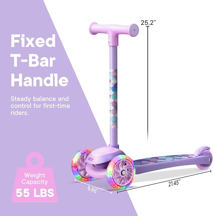 3 Wheel Scooter for Kids, Smooth Light Up LED Front Wheels, Wide Anti Slip Deck, Rear Foot Brake, Easy Lean to Steer Maneuvering, Indoor & Outdoor Ride On Toys for Ages 2 Up,