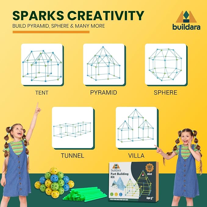 Fort Building Kit for Kids – 132 PCS Glow-in-the-Dark STEM Construction Toy with Starry Sheet & Light – Indoor Fort Builder for Boys & Girls Ages 3-8 – Creative Screen