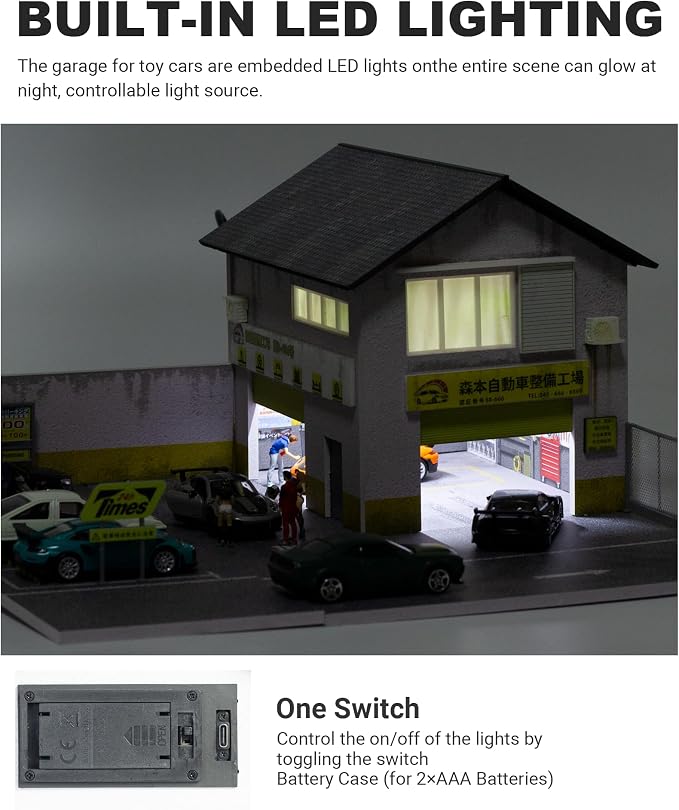 1/64 Scale Display Case Car Garage Model, Morimoto Factory Cover Diecast Diorama Box Decorative Miniature Scene with LED Light 5 Parking Spaces for Toy Car Display and Storage