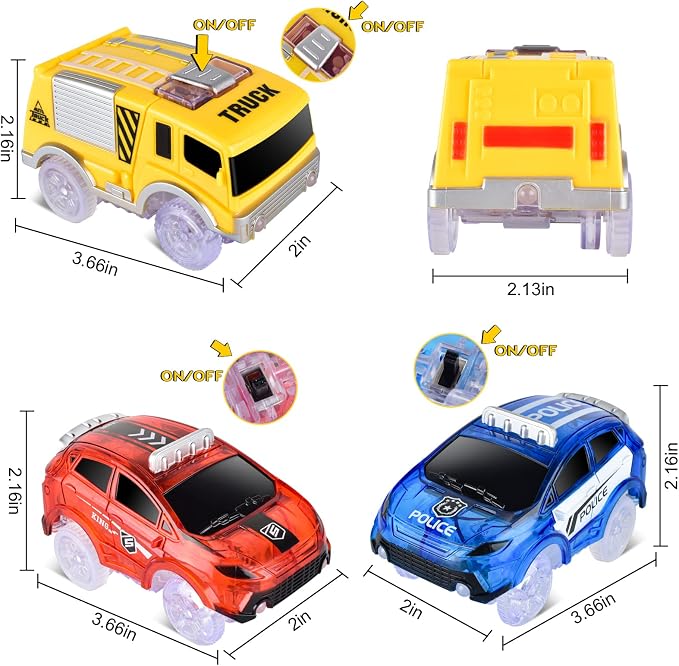 Track Cars Only Replacement Light Up Toy Cars with 5 Flashing LED Lights for Tracks Glow in the Dark, Flex Race Car Track Accessories Compatible with Most Car Tracks for Kids (3 Pack) with Screwdriver