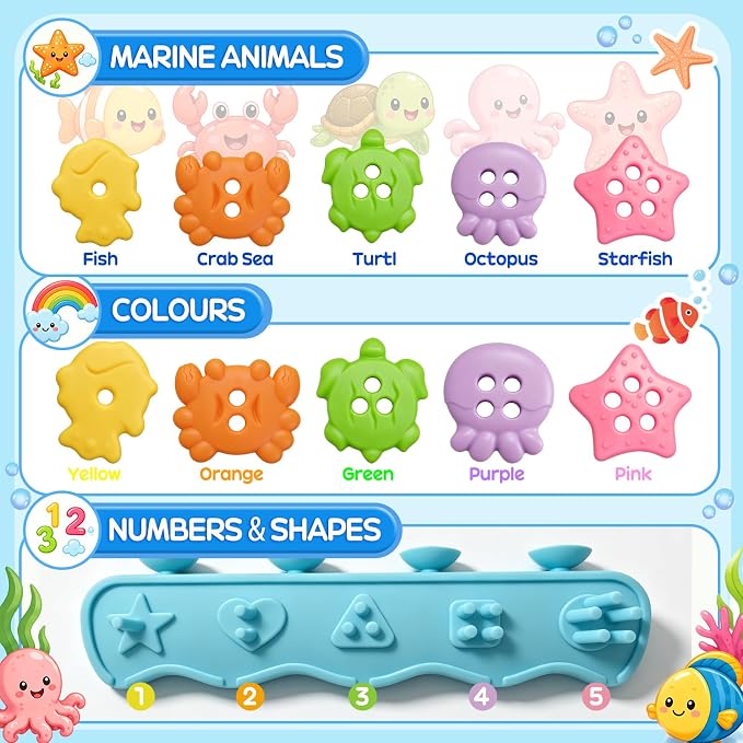 21PCS Mold Free Bath Toys,Ocean Shape Sorters Stacking Water Play Toys, Early Learning Gifts for Toddlers 1-3 2-4 3-5 Boys Girls