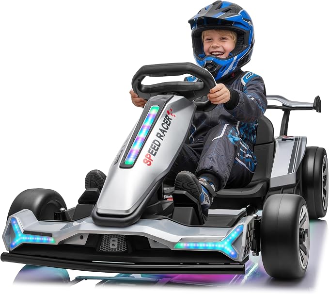 24V Electric Go Kart, Kids Drift Kart with Dual 400W Motors, Length Adjustable Seat, 8.2 MPH Max, 130LBS Max Load, Outdoor Ride on Toy Crazy Kart w/Bluetooth Music, Rainbow Light