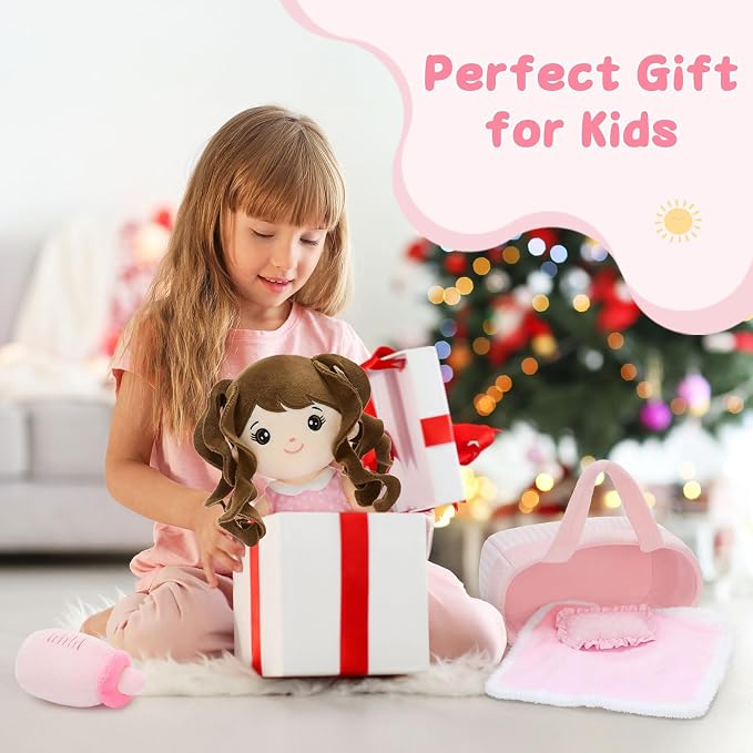 MaoGoLan 6Pcs Pink Baby Doll Set, 11'' Baby Doll Accessories, Soft Plush Doll with Portable Bassinet, Blanket, Bottle & Clothes, Pretend Play Set, Ideal Valentine Christmas Birthday Gift for Girls