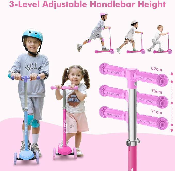 TONBUX Kids Scooter for Ages 3-5, Toddler Scooter with Light-Up Deck and Wheels, Adjustable 4-Level Height 3-Wheel Scooters for Kids, Lean-to-Steer Design